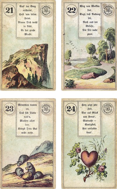 Edición alemana del mazo de cartomancia francés Lenormand: La Montaña, El Camino, Los Ratones, El Corazón, publicado por Dondorf, Frankfurt, siglo XIX de French School