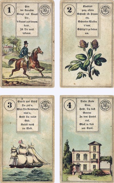 Edición alemana del mazo de cartomancia francés Lenormand: El Jinete, El Trébol, El Barco, La Casa, publicado por Dondorf, Frankfurt, siglo XIX de French School
