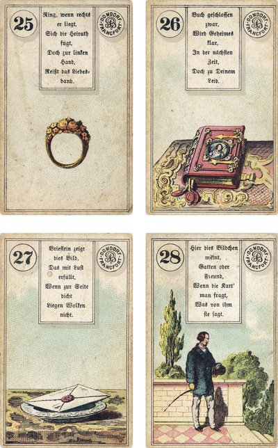 Edición alemana del mazo de cartomancia francés Lenormand: El Anillo, El Libro, La Carta, El Caballero, publicado por Dondorf, Frankfurt, siglo XIX de French School