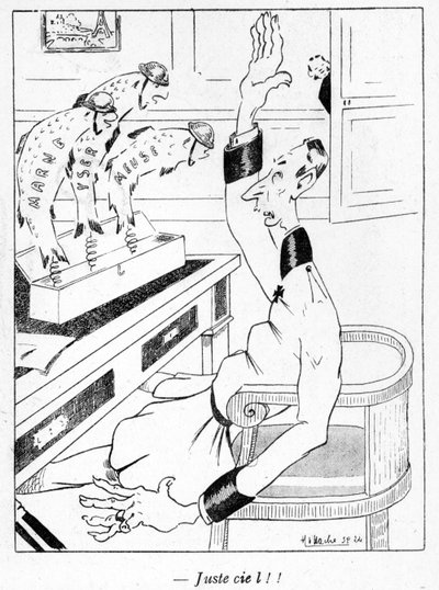 Oficial alemán recibiendo tres peces de abril, caricatura de la edición del Día de los Inocentes de La Baionette, 29 de marzo de 1917 de French School
