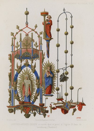 Candelabro y portavelas de cobre dorado y pintado de French School