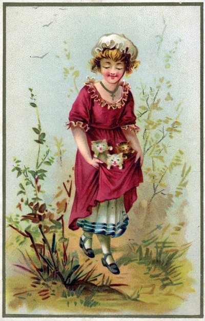 Niña sosteniendo tres gatitos en su delantal de French School