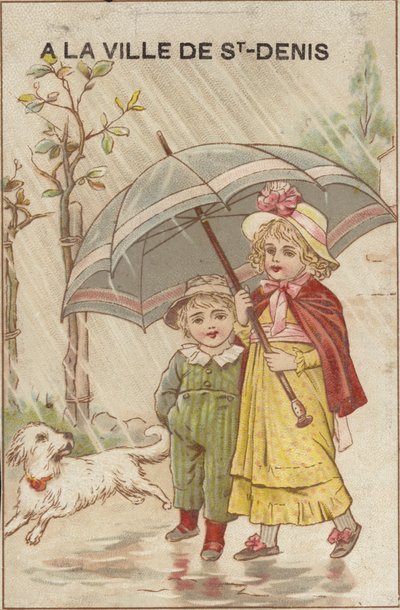 Niñas caminando bajo la lluvia con paraguas de French School