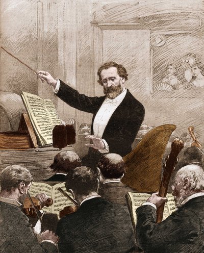 Giuseppe Verdi dirigiendo la orquesta de ópera en la primera representación de 