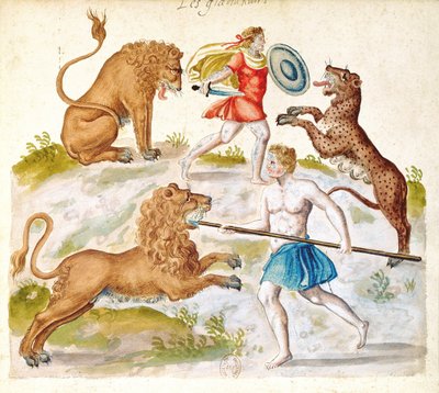 Gladiadores luchando con animales de French School