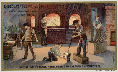 Fabricación de vidrio. Interior de una planta de fabricación de botellas de French School