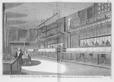 Talleres de Gobelinos, de la Enciclopedia de Denis Diderot (1713-84), grabado por Robert Benard (n.1734), publicado c.1770 de French School