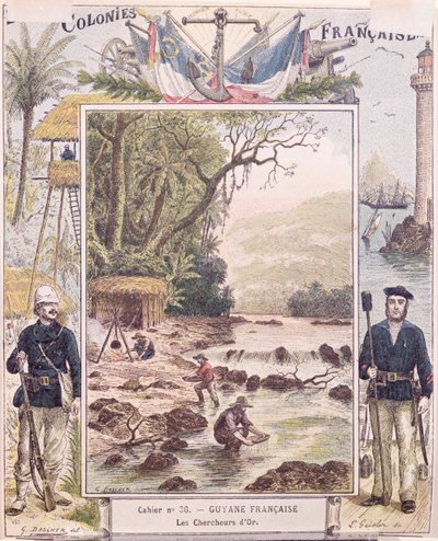 Buscadores de oro en la Guayana Francesa, portada de cuaderno escolar, c.1880 de French School