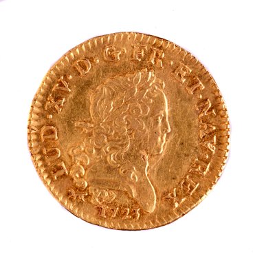 Luis de oro francés, reinado del rey Luis XV (1715-1774) 1723. Diámetro 2,3 cm Nápoles, museo arqueológico de French School