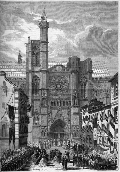 Arquitectura gótica: vista de la Catedral Notre Dame de Clermont Ferrand (Clermont-Ferrand), Puy de Dôme (63), durante la visita de Napoleón III y la Emperatriz Eugenia de Montijo en 1862. Grabado en "Le Monde Illustré" n°275 del 19 de julio de 1862 de French School