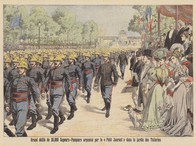 Gran desfile de 20.000 bomberos por el Jardín de las Tullerías de París (litografía en color) de French School