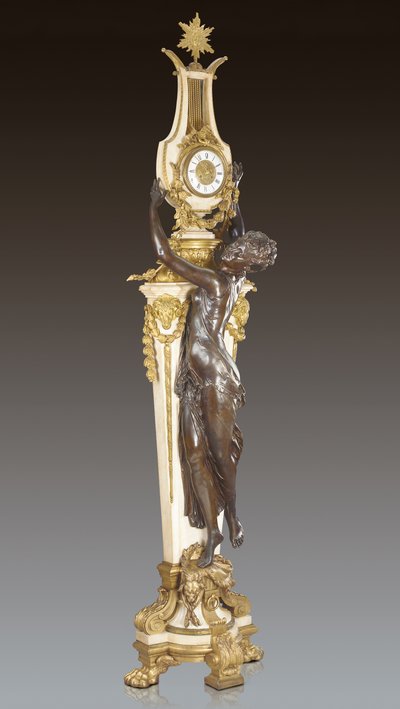 Grande Horloge, un importante y monumental reloj de pedestal, diseñado por Frederic Piat y ejecutado por Maison Millet, París, c.1890 (bronce patinado y mármol de Carrara) de French School