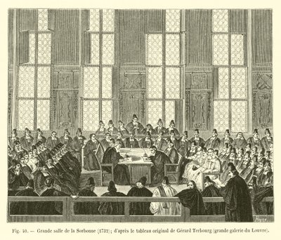 Gran sala de la Sorbonne, 1732; según el cuadro original de Gerard Terbourg, gran galería del Louvre de French School