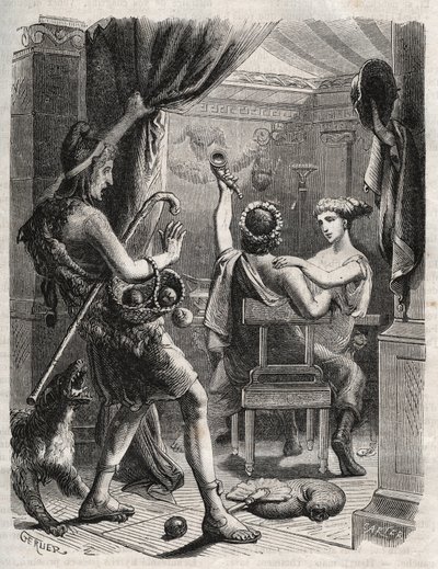 Mitología griega: “Este grito fue hecho por Paris”. Paris sorprende a Helena con Peritanus. Grabado de 1871 en “Histoire Des Cocuses Celebres” de Henry de Kock de French School