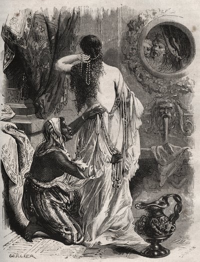 Mitología griega: el rey de Lidia Candaules muestra a su esposa desnuda a su confidente Gyges, quien se esconde en las sombras cuando ella se desviste en el dormitorio. Grabado de 1871 en "Histoire Des Cocus Celebres" de Henry de Kock (1819-1892) de French School