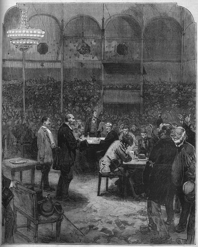 Huelga de los cocheros de carros de París en 1878: elección de delegados en la compañía de Petites Cars en el circo Fernando. Grabado en 