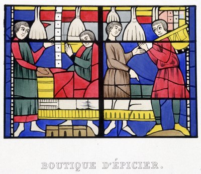 Tienda de comestibles. Facsímil de un vitral de la Edad Media en “Histoire de la peinture sur verre” de Ferdinand de Lasteyrie de French School