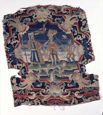 Cubierta de asiento de gros point y petit point de tres figuras de Europa del Este y pájaros, mediados del siglo XVIII (detalle) de French School