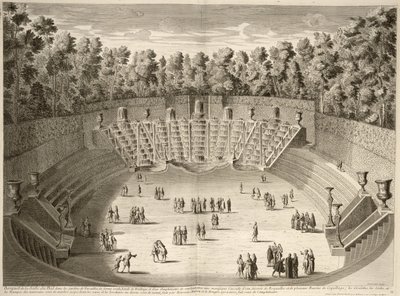 Arboleda de la Salle du Bal, Versalles, de Les Plans, Profils et Elevations des Ville et Chateau de Versailles, grabado por Lucas, publicado c.1715 de French School