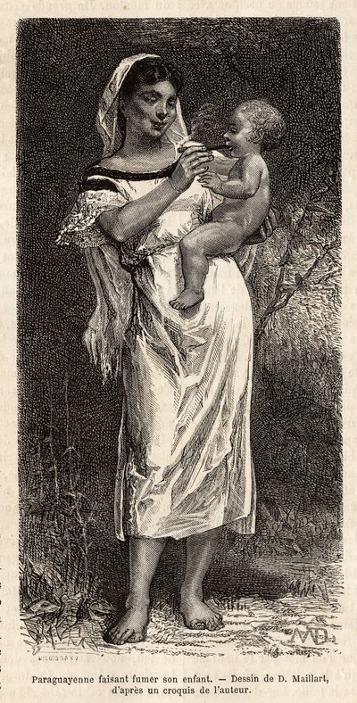 Mujer guaraní fumando el cigarro a su hijo, montado en su cadera, para tratar de calmar sus llantos, grabado después del dibujo de D.Maillart, ilustrando el viaje a Paraguay en 1872-1873, por L.Forgues, publicado en "Le tour du monde" 1874, editado por Edo de French School