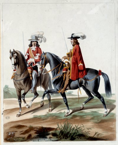 Guardias del Rey. Grabado de 1660. París, Artes Decorativas de French School