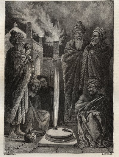 Guebre (o Zoroastriano) cerca de Bakú (Bakú, Azerbaiyán) - Adoradores del fuego - Nueva Enciclopedia Nacional por Maurice La Charest - 1870 de French School