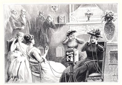 Huéspedes en un hotel de París escuchando retransmisiones directas de ópera o teatro en el Theatrophone de Marinovitch y Szarvady, de La Nature, publicado en 1892 de French School