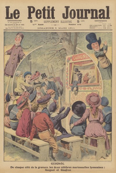 Guignol y Gnafron, famosos títeres franceses de un espectáculo de Lyon (litografía en color) de French School