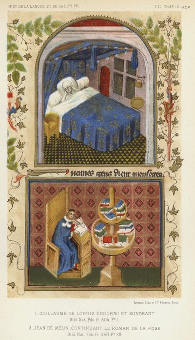Guillaume de Lorris dormido y soñando, Jean de Meun continuando el Roman de la Rose de French School