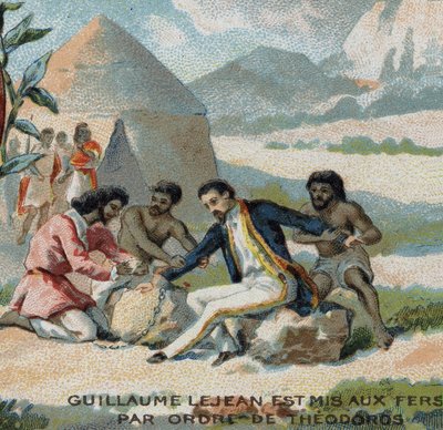 Guillaume Lejean, un explorador francés, fue encadenado por orden del emperador Theodoros de Abisinia (actual Etiopía). Cromolitografía del siglo XIX. de French School