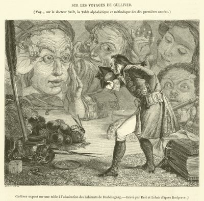 Gulliver expuesto sobre una mesa a la admiración de los habitantes de Brobdingnag de French School