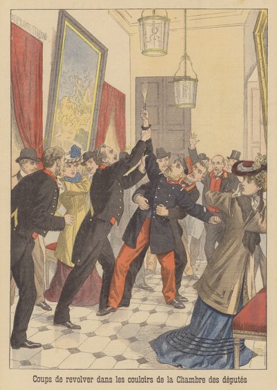 Disparos en los pasillos de la Cámara de Diputados francesa (litografía en color) de French School