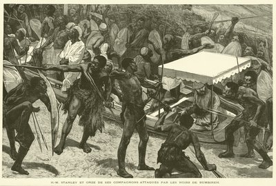 H.M. Stanley y once de sus compañeros atacados por los negros de Bumbireh de French School