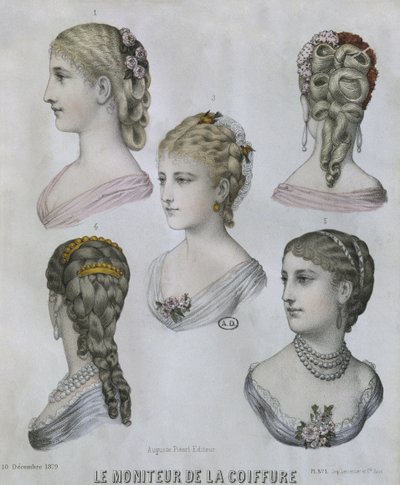 Peinados, ilustración de Le Moniteur de la Coiffure, 10 de diciembre de 1879 de French School