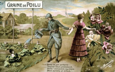 Semilla peluda: En este hermoso suelo Mientras caminamos, ¡Aquí vamos! cómo mi querido tendremos un hijo - Postal sobre el nacimiento, c. 1914 de French School