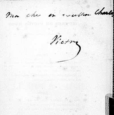 Firma manuscrita de Victor Hugo (1802-85) en una página de su libro 
