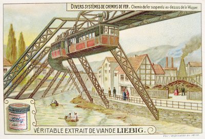Tren colgante en el río Wupper, tarjeta publicitaria promocional para Veritable Extrait de Viande Liebig de French School