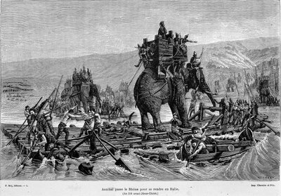 Aníbal pasa el Ródano hacia Italia (año 218 a.C.) - en "Francia y los franceses a través de los siglos" de French School
