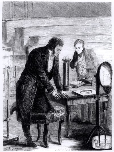 Hans Christian Oersted descubriendo la desviación de la aguja magnética por corriente cerrada en 1820, de Las maravillas de la ciencia por Louis Figuier, 1867 de French School