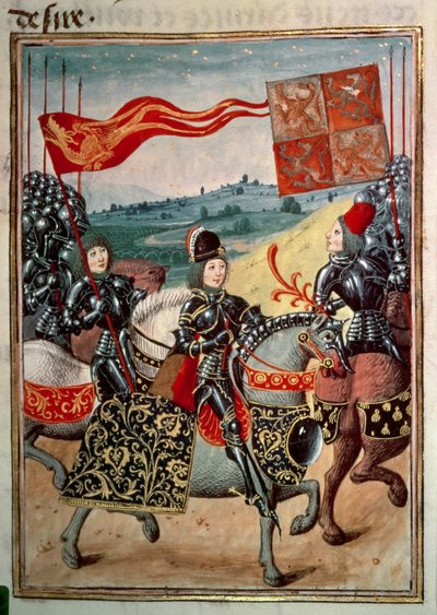 Harl 4379 f.113 Caballero y dos asistentes montados con ejército, Volumen IV, de 