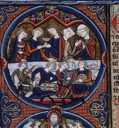 Harley 1527 fol.36v Banquete con músicos, de la 