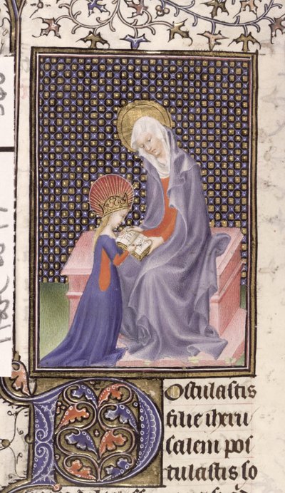Harley 2897, f.340v: Santa Ana instruyendo a la Virgen, escrito e iluminado en París (vitela) de French School