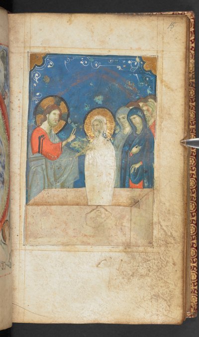 Harley 2928, f.15r, Resurrección de Lázaro, Escena del Evangelio de San Juan (vitela) de French School