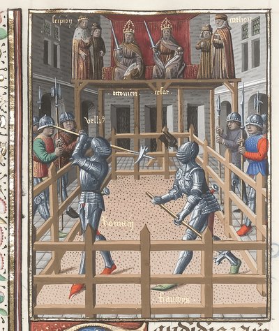 Harley 4375 f.171v, Dos caballeros luchando con pollaxes, de 