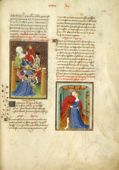 Harley 4431, f.129 La rueda de la fortuna; y París abrazando a Helena, de 