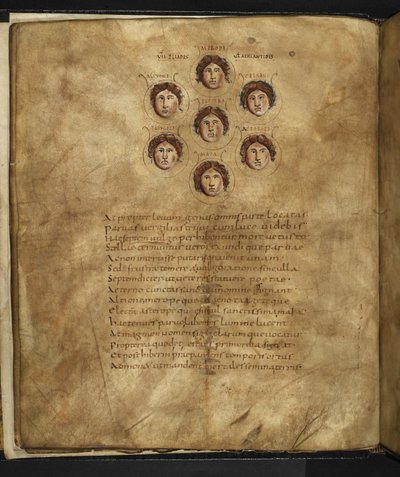 Harley 647, f.4v Ilustración de los rostros de las Pléyades, siete hermanas que vivían en los cielos como estrellas, con sus nombres inscritos a su alrededor, de 