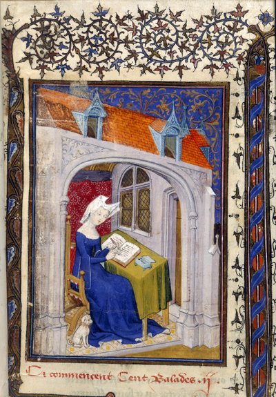 Harley MS 4431 f.004r Detalle de una miniatura de Christine de Pizan en su estudio al comienzo de las 