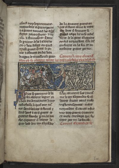 Harley MS 4979 f.72r Alexander combatiendo a hombres con cabezas de caballos, de 