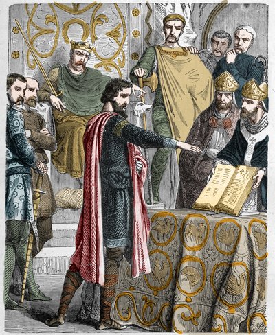 Haroldo II (1020-1066) último rey anglosajón coronado en 1064, juró sobre las reliquias sagradas ante Guillermo I el Conquistador apoyar su causa en el trono de Inglaterra a la muerte de Eduardo el Confesor. de French School