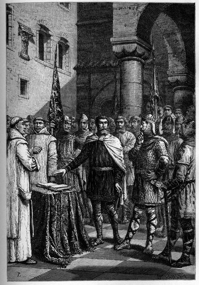 Harold, rey de los ingleses, jura lealtad a Guillermo, Duque de Normandía (Guillermo I) - Harold II (1020-1066) último rey anglosajón coronado en 1064, jurando sobre las reliquias sagradas ante Guillermo I el Conquistador para apoyar su causa en el trono d de French School
